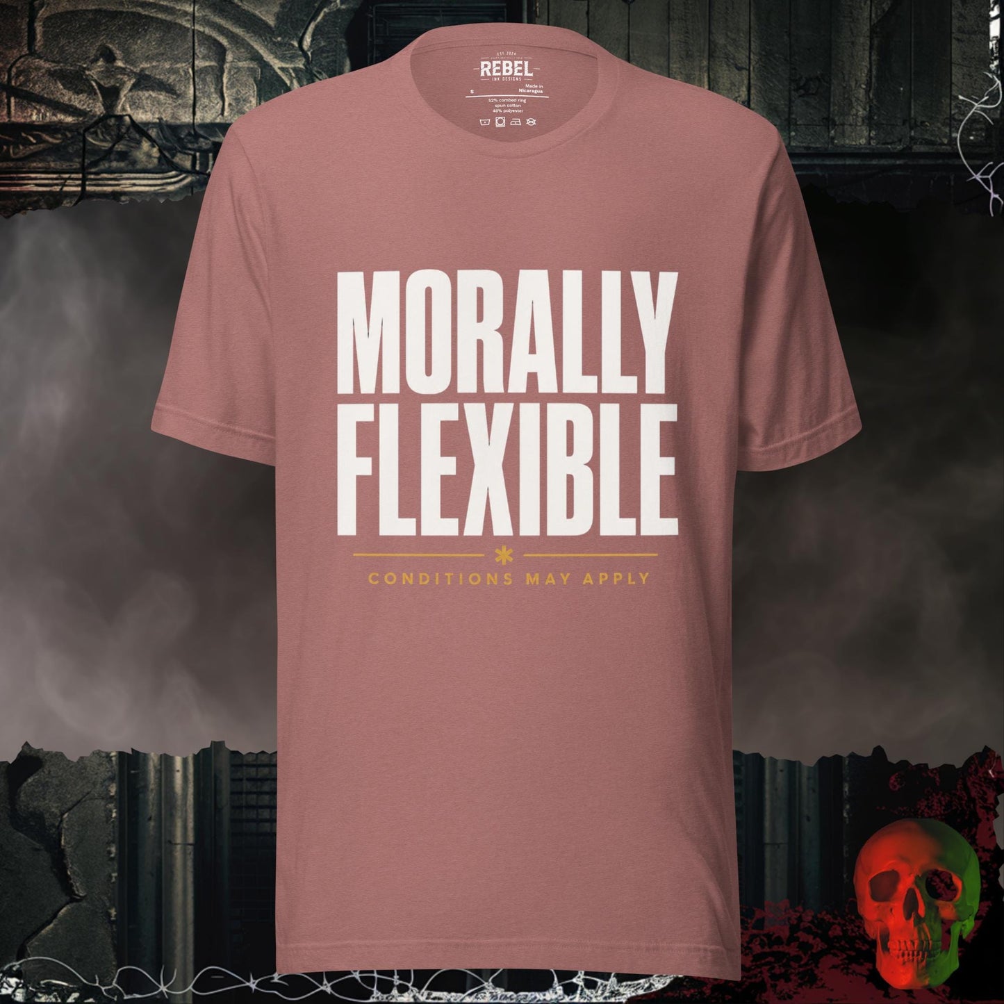 T-Shirt Heather Mauve / S Morally Flexible Conditions May Apply Graphic Tee Bold Statement Shirt