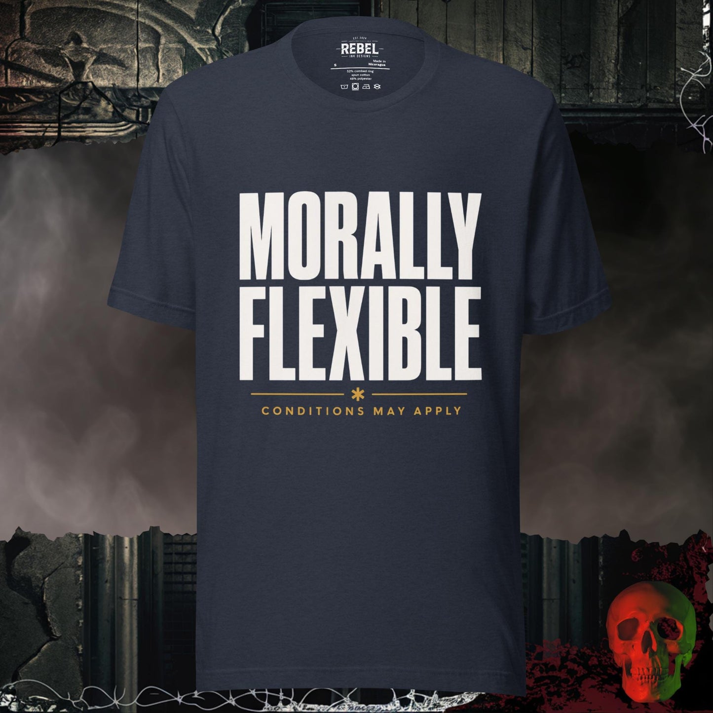 T-Shirt Heather Navy / S Morally Flexible Conditions May Apply Graphic Tee Bold Statement Shirt