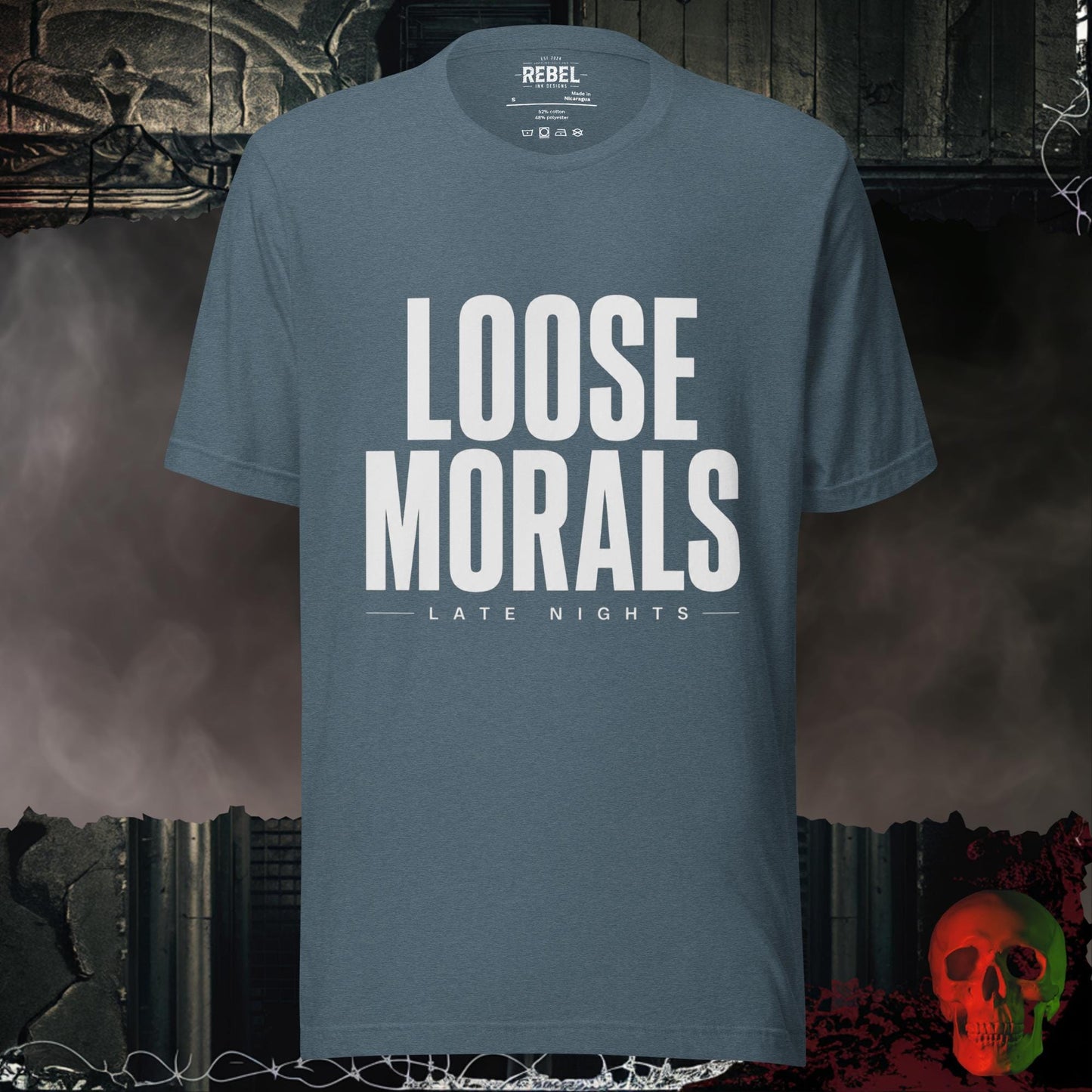T-Shirt Heather Slate / S Loose Morals Late Nights Bold Graphic Statement Tee