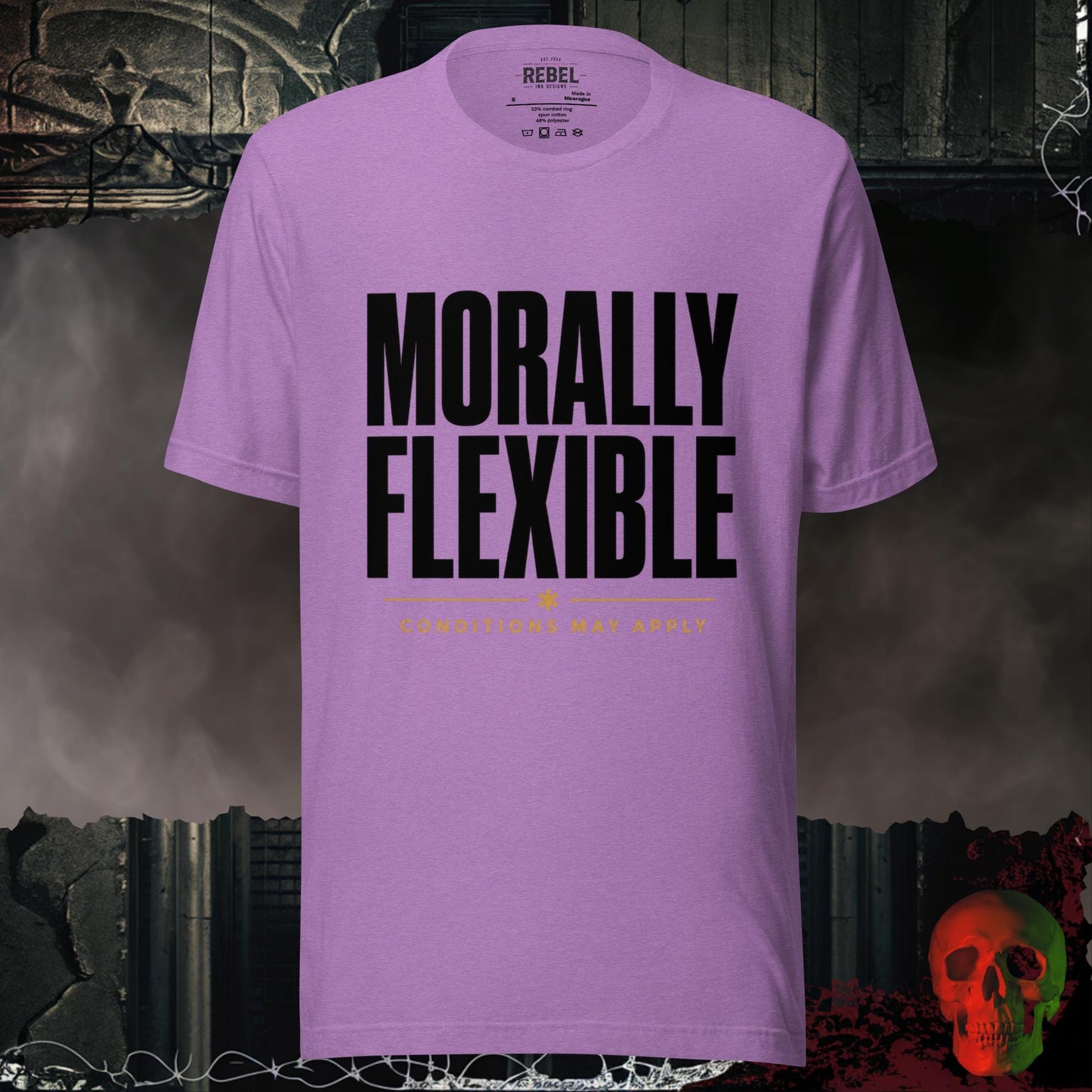 T-Shirt Heather Team Purple / S Morally Flexible Conditions May Apply Graphic Tee Bold Statement Shirt