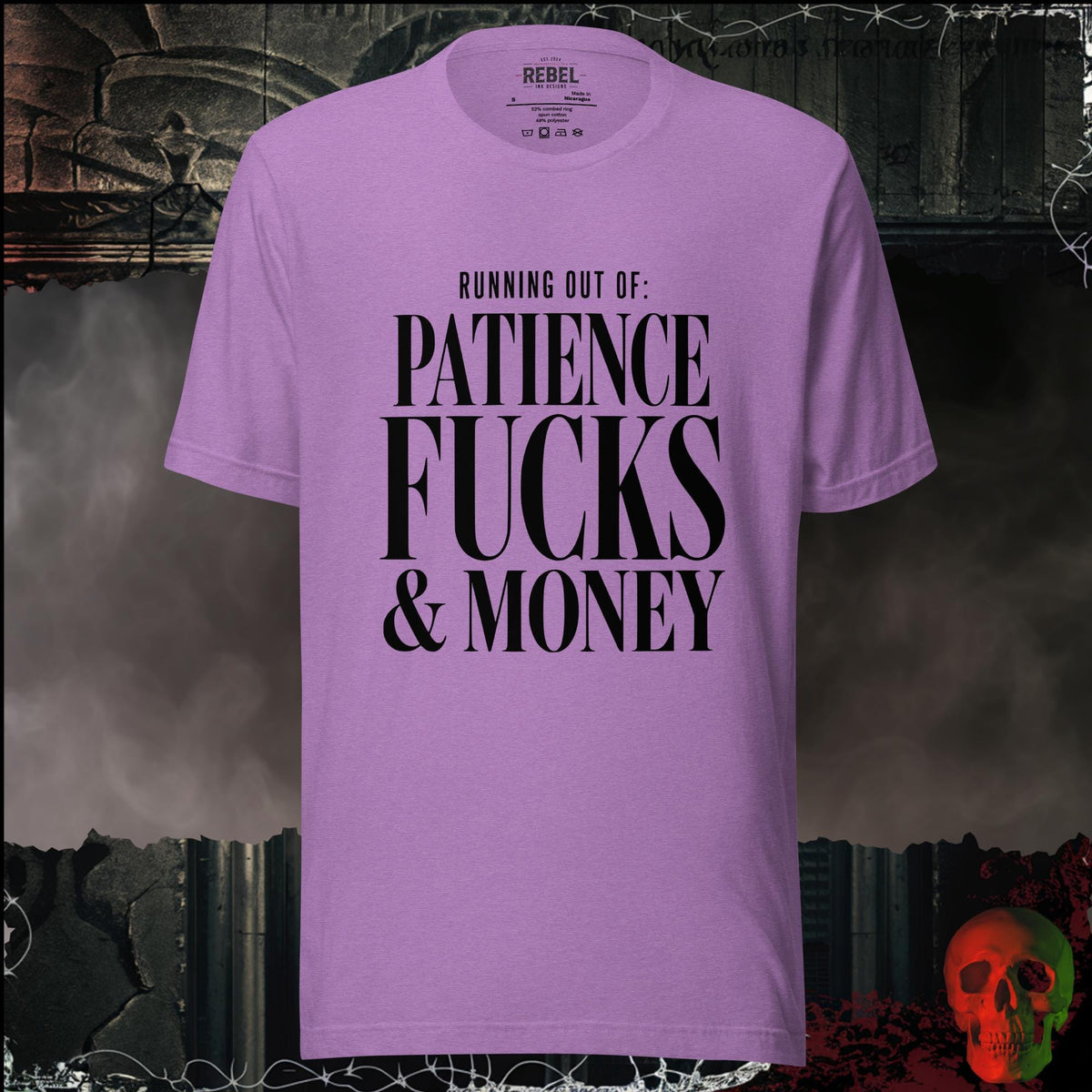 T-Shirt Heather Team Purple / S Running Out Of Patience F*cks & Money Graphic Tee | Rebel Ink Designs