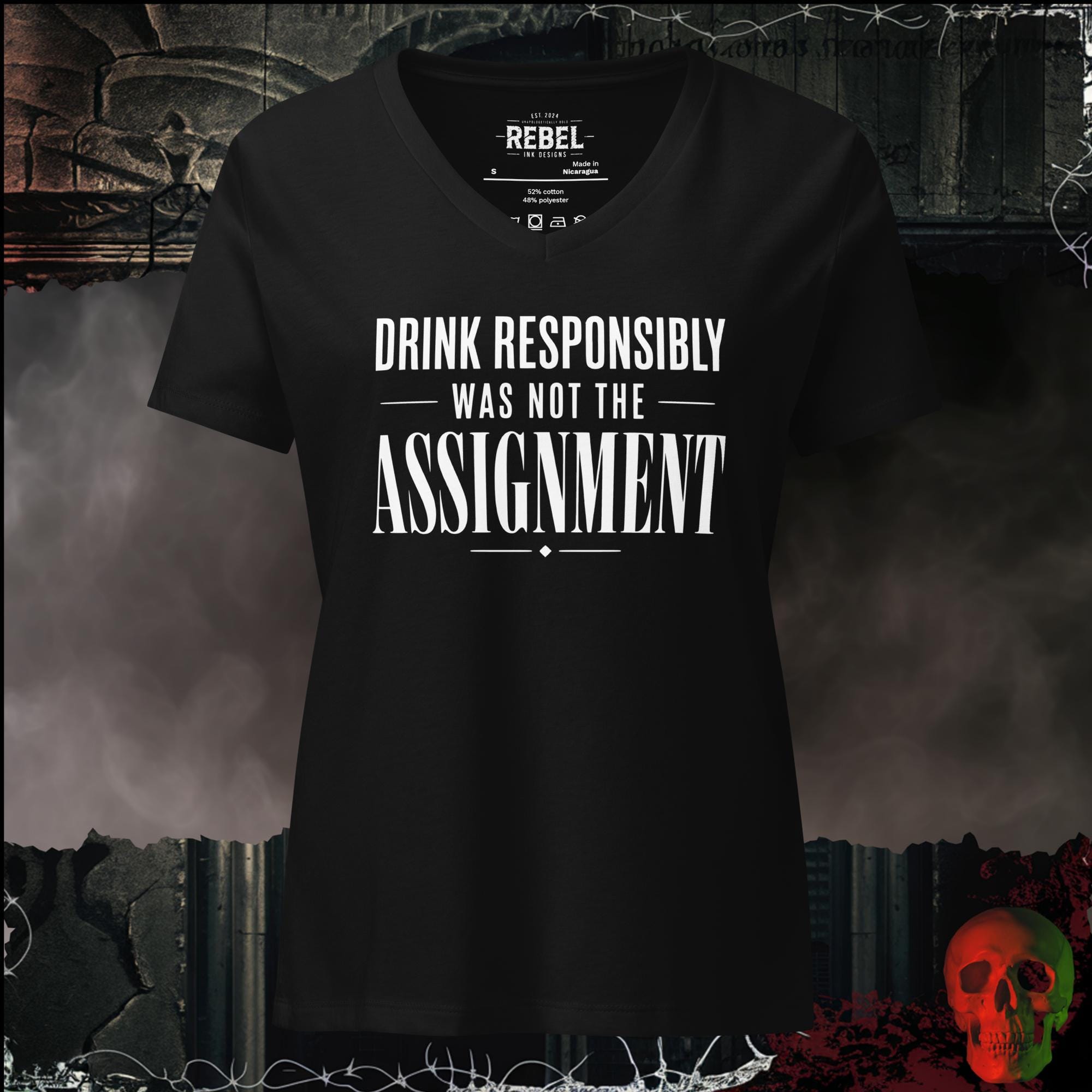 T-Shirt Solid Black Blend / S Drink Responsibly Was Not The Assignment Women's V-Neck Tee | Rebel Ink Designs