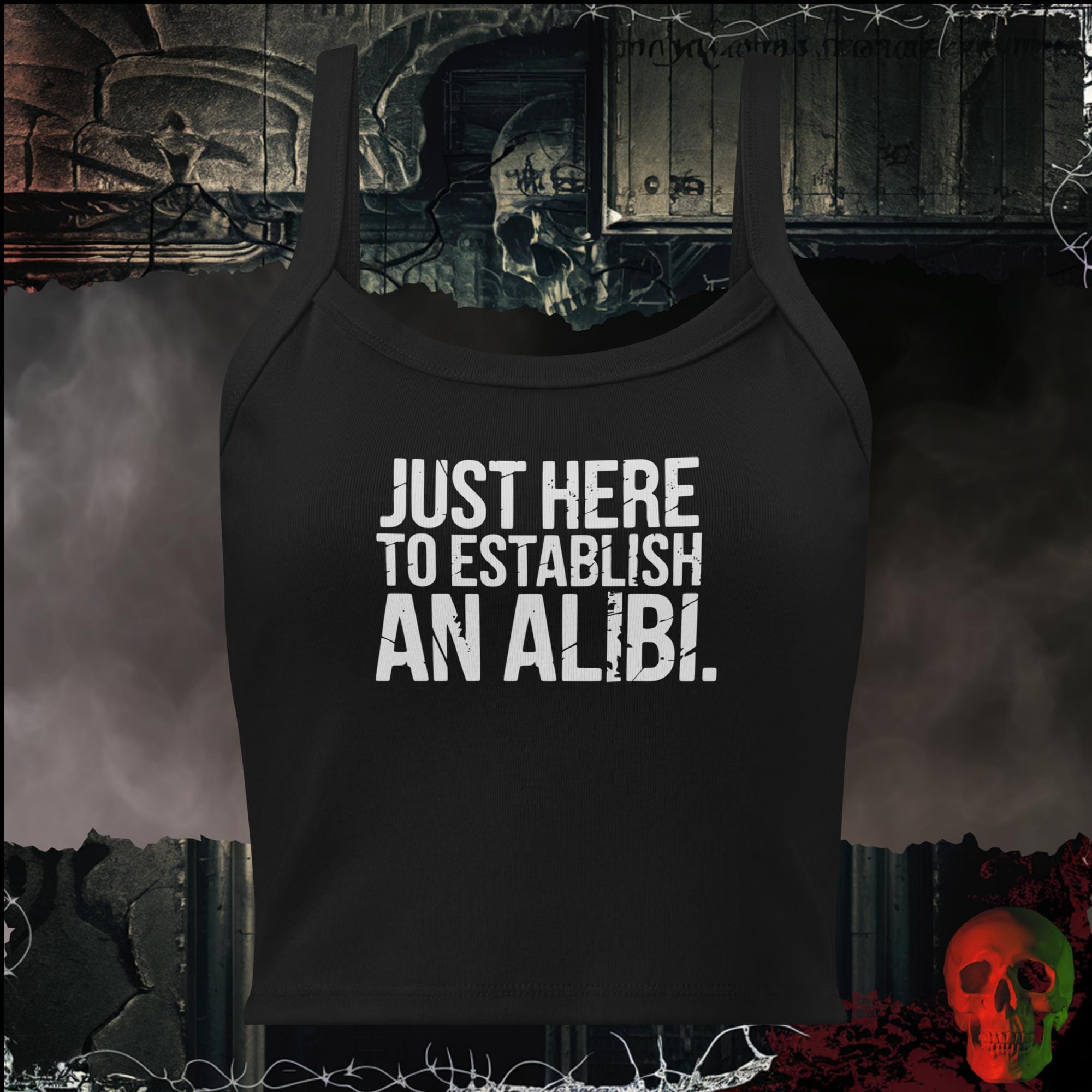 Tanks Solid Black Blend / XS Just Here to Establish an Alibi Women's Crop Tank | Rebel Ink Designs