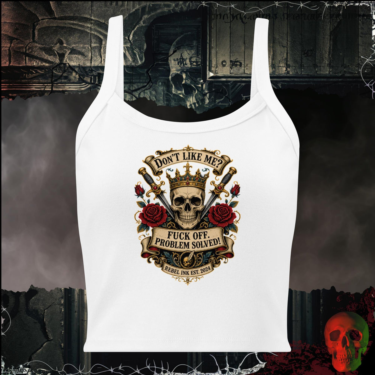 Tanks Solid White Blend / S Don't Like Me? F*ck Off. Problem Solved Women's Crop Tank | Rebel Ink Designs