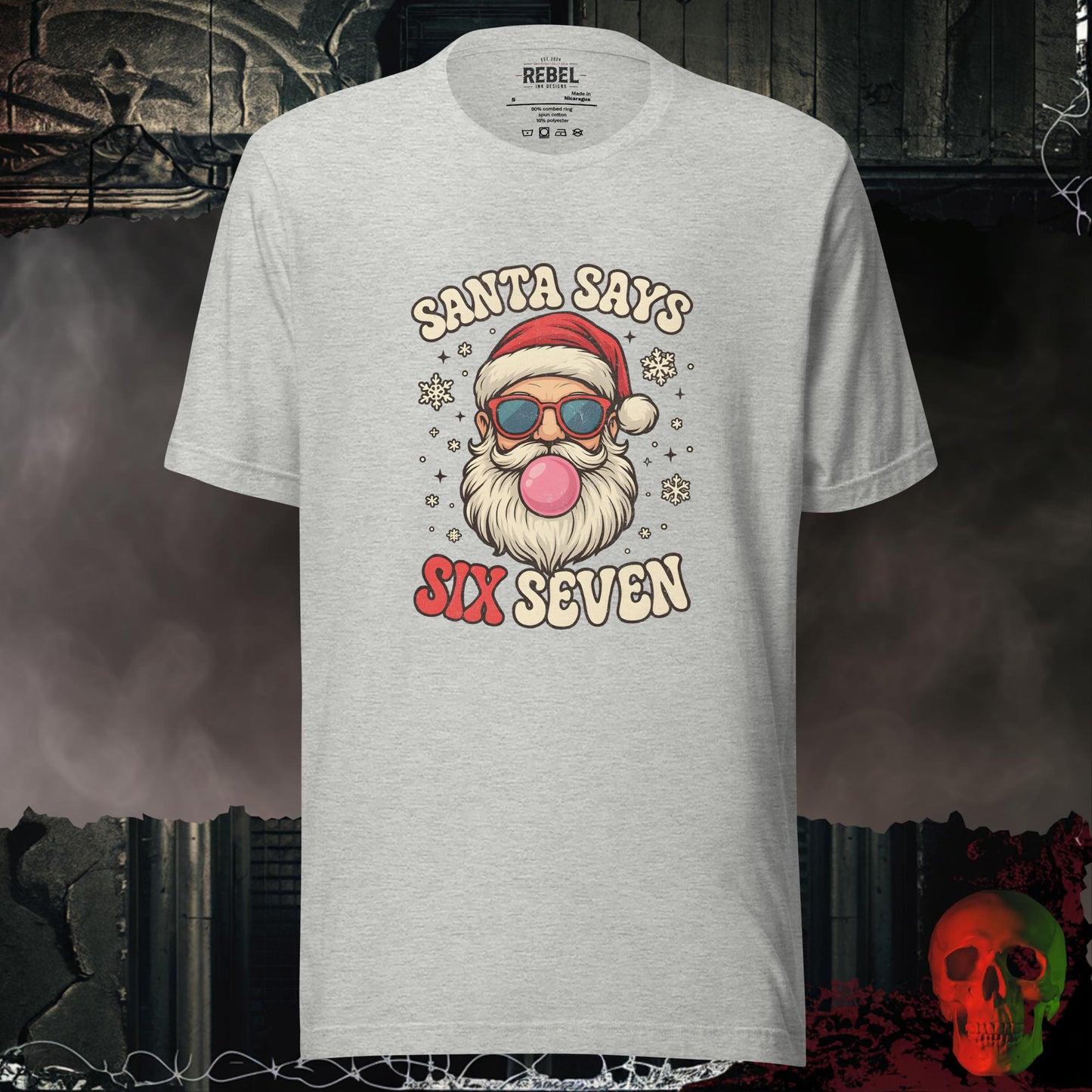 Santa Says Six Seven t-shirt featuring a retro Santa with sunglasses and bubble gum surrounded by snowflakes.