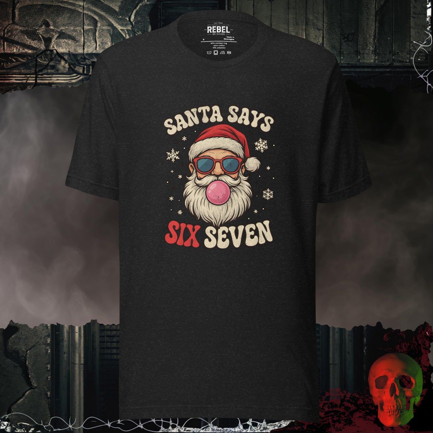 Santa Says Six Seven t-shirt featuring a retro Santa with sunglasses and bubble gum surrounded by snowflakes.
