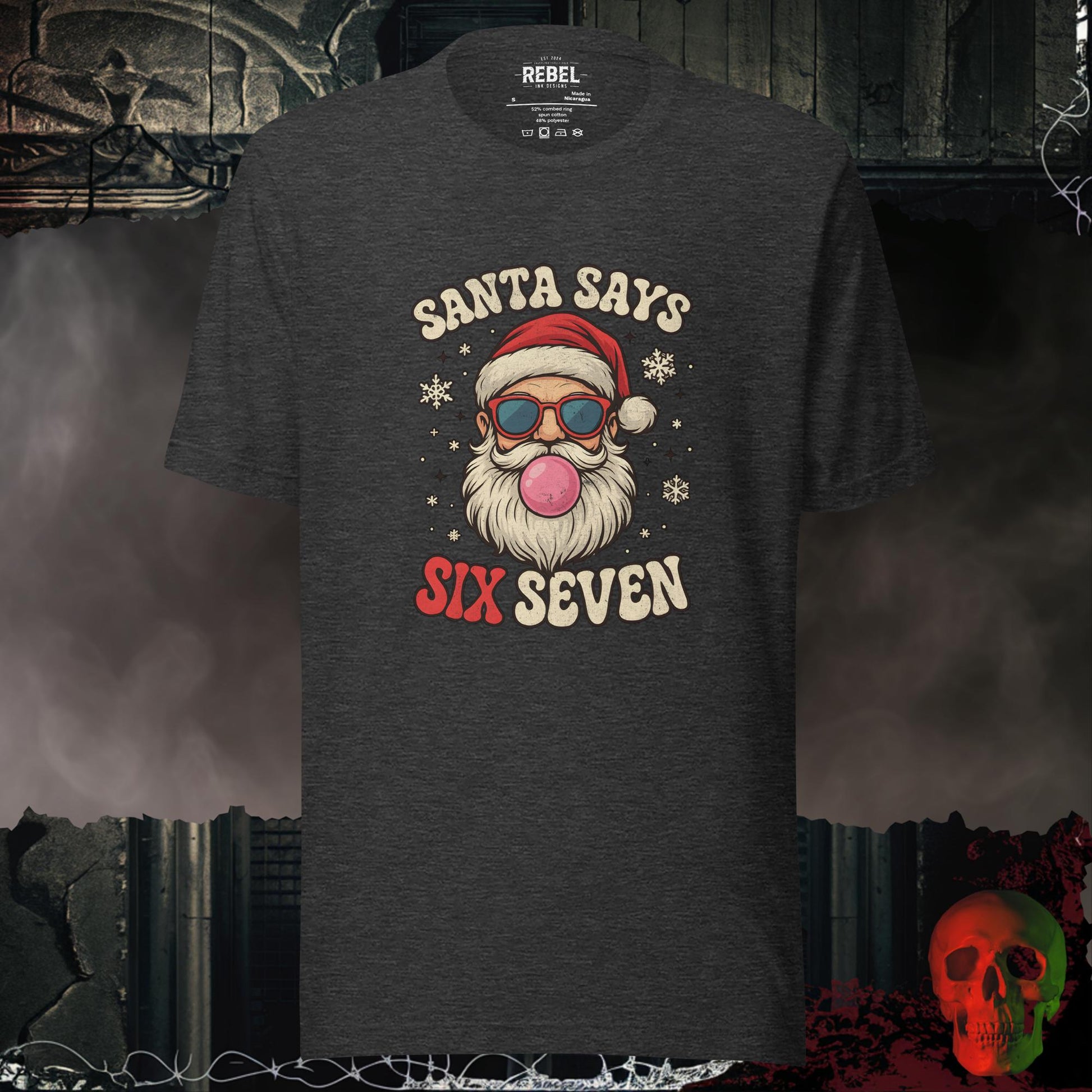 Santa Says Six Seven t-shirt featuring a retro Santa with sunglasses and bubble gum surrounded by snowflakes.