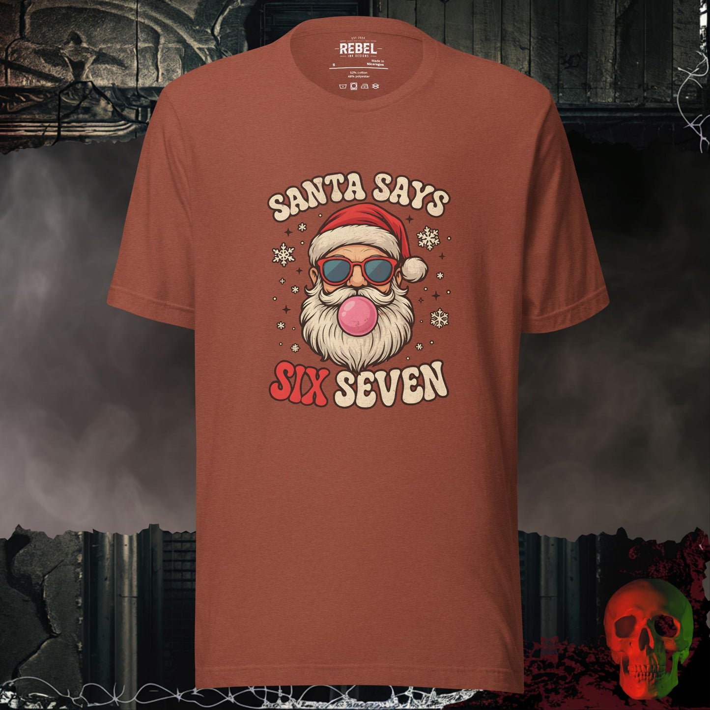 Santa Says Six Seven t-shirt featuring a retro Santa with sunglasses and bubble gum surrounded by snowflakes.