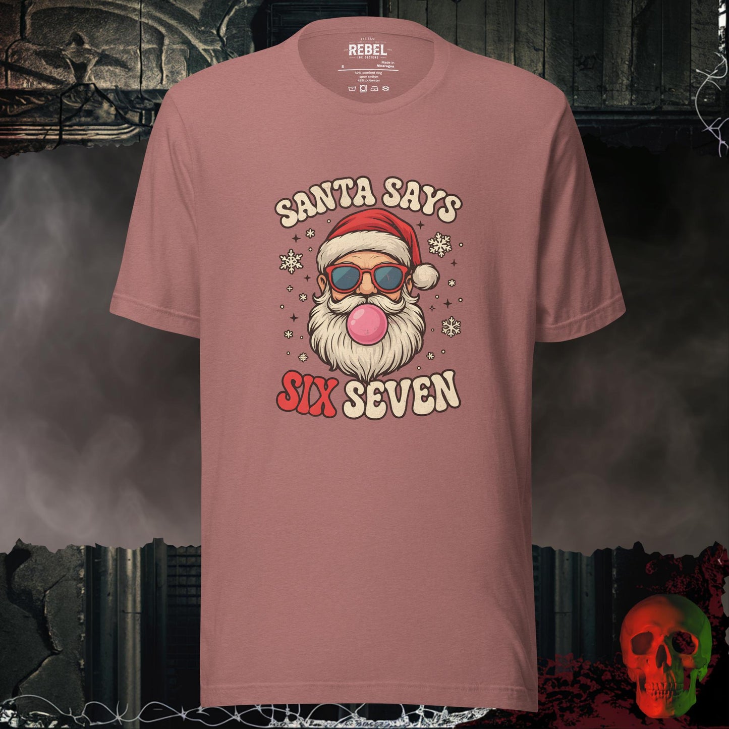 Santa Says Six Seven t-shirt featuring a retro Santa with sunglasses and bubble gum surrounded by snowflakes.