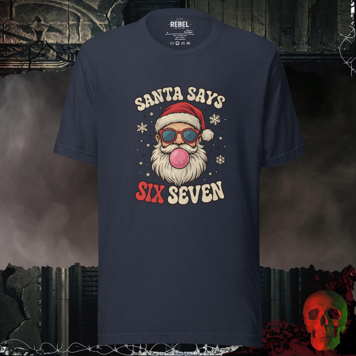 Santa Says Six Seven t-shirt featuring a retro Santa with sunglasses and bubble gum surrounded by snowflakes.
