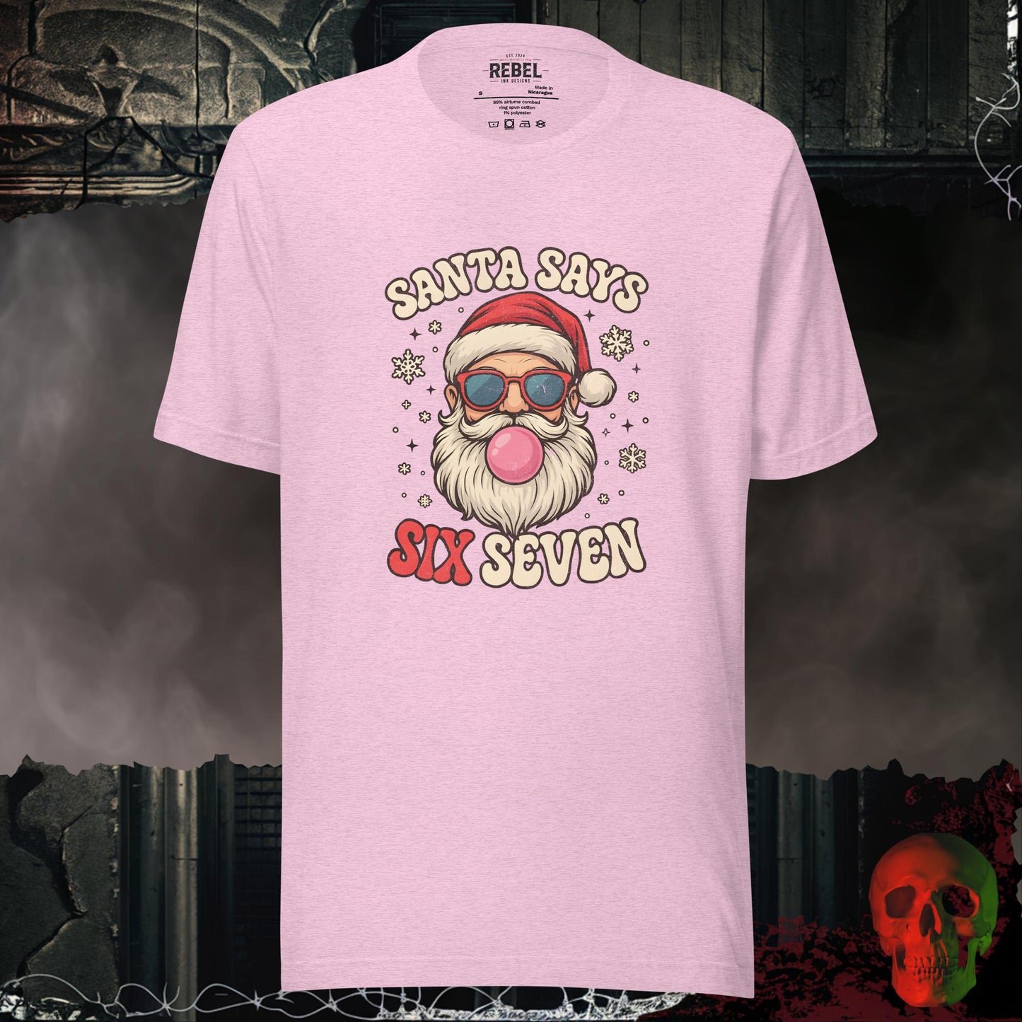 Santa Says Six Seven t-shirt featuring a retro Santa with sunglasses and bubble gum surrounded by snowflakes.