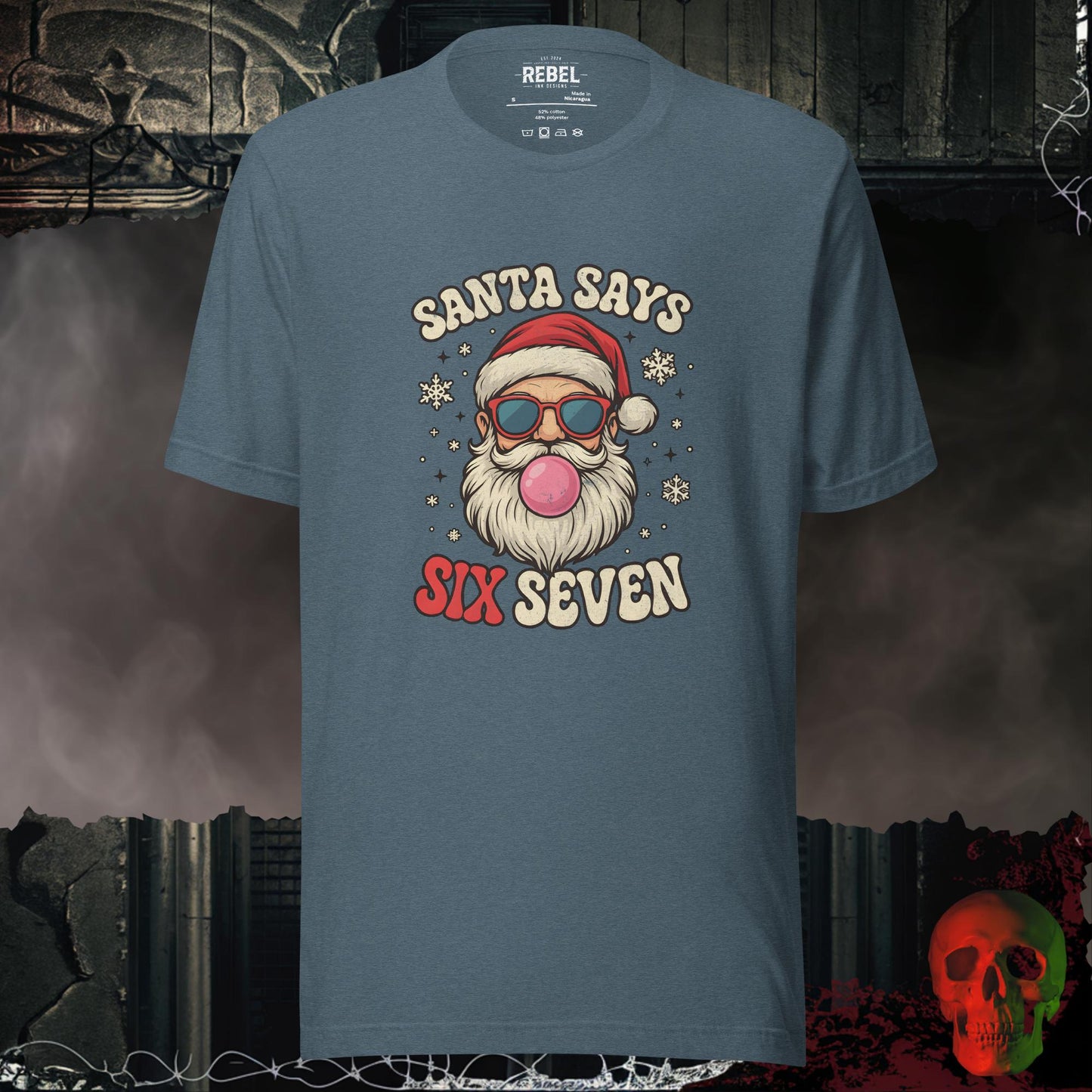 Santa Says Six Seven t-shirt featuring a retro Santa with sunglasses and bubble gum surrounded by snowflakes.