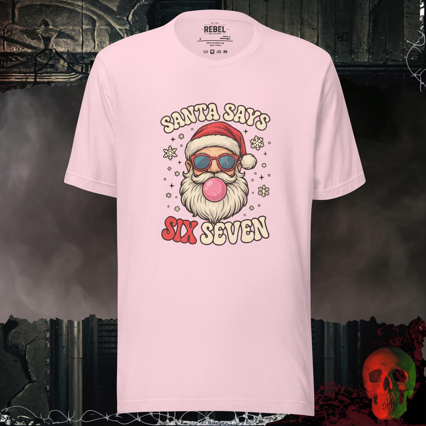 Santa Says Six Seven t-shirt featuring a retro Santa with sunglasses and bubble gum surrounded by snowflakes.