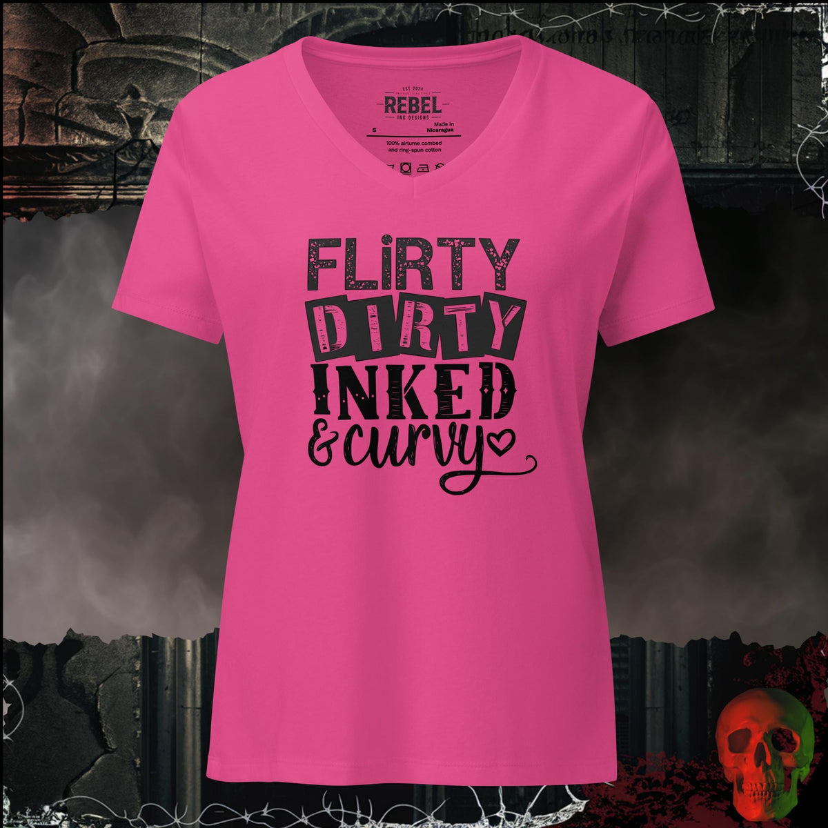 V-Neck Berry / S Flirty, Dirty, Inked & Curvy Women's V-Neck Tee | Rebel Ink Designs