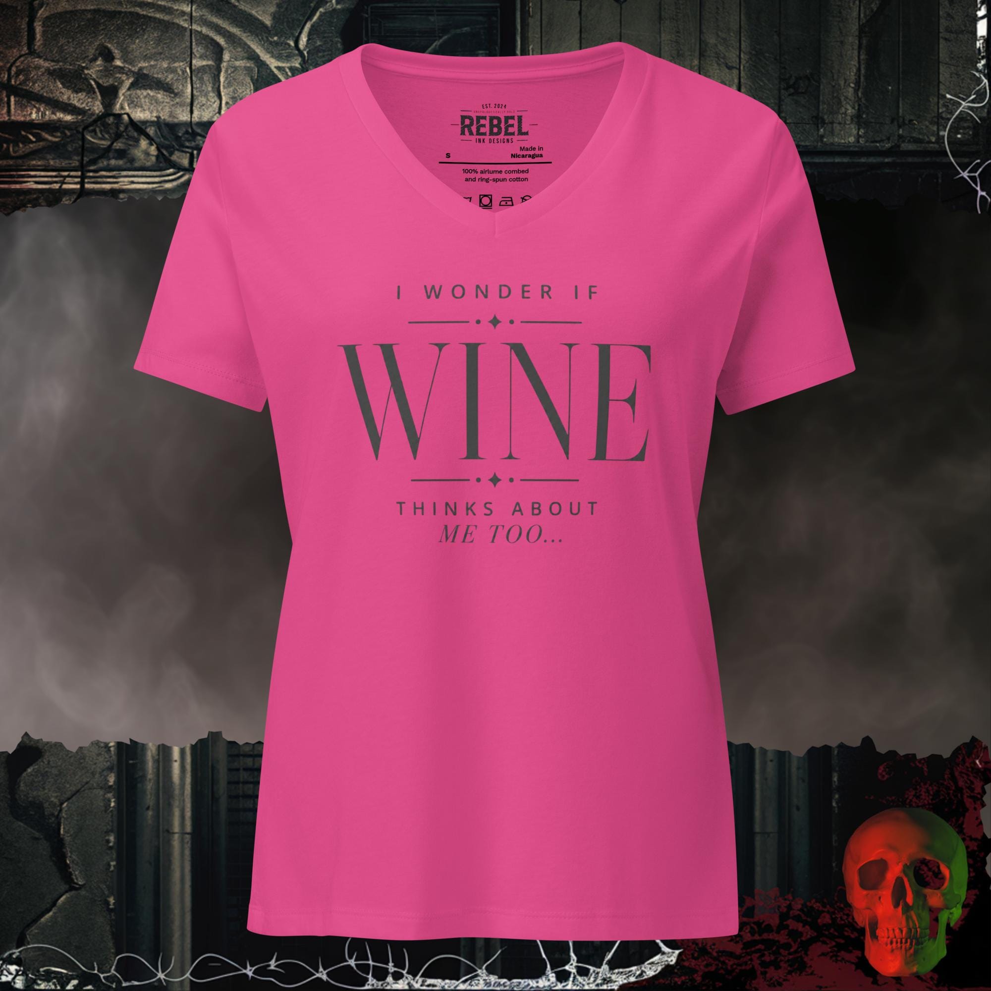 V-Neck Berry / S I Wonder If Wine Thinks About Me Too Women's V-Neck Tee | Rebel Ink Designs