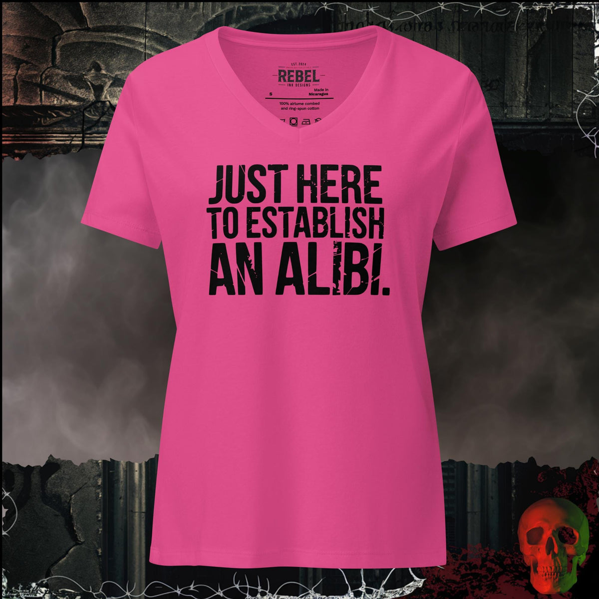 V-Neck Berry / S Just Here to Establish an Alibi Women's V-Neck Tee | Rebel Ink Designs