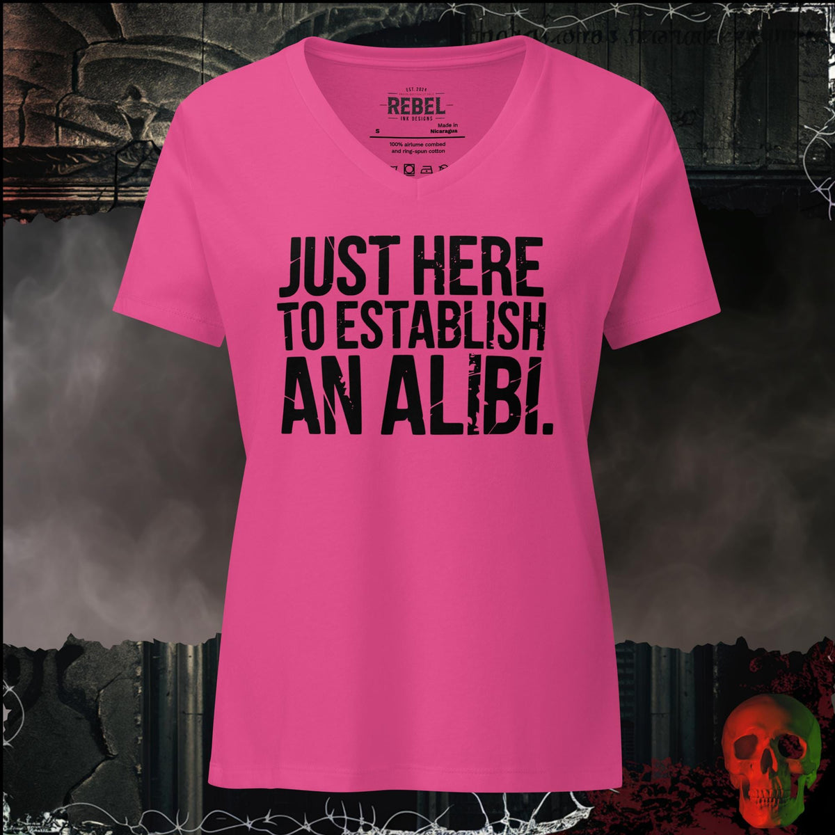 V-Neck Berry / S Just Here to Establish an Alibi Women's V-Neck Tee | Rebel Ink Designs