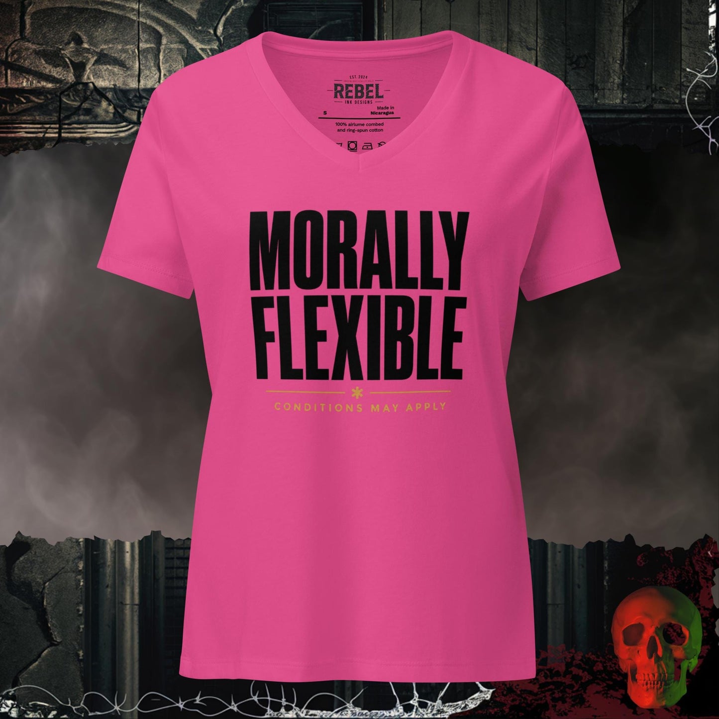 V-Neck Berry / S Morally Flexible V-Neck Bold Funny Statement Tee