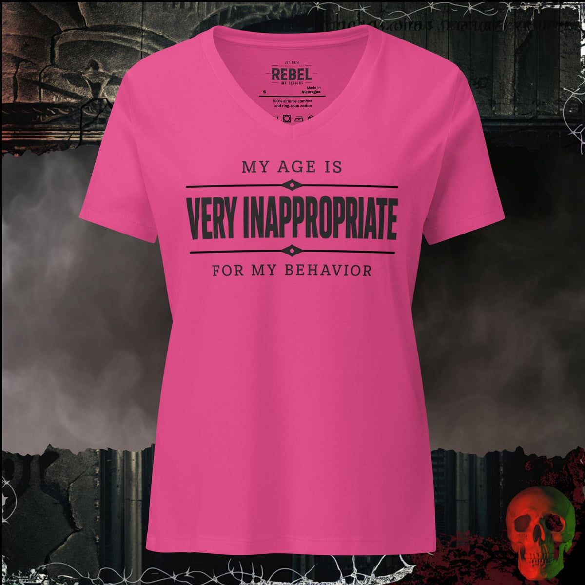 V-Neck Berry / S My Age Is Very Inappropriate for My Behavior Women's V-Neck Tee | Rebel Ink Designs