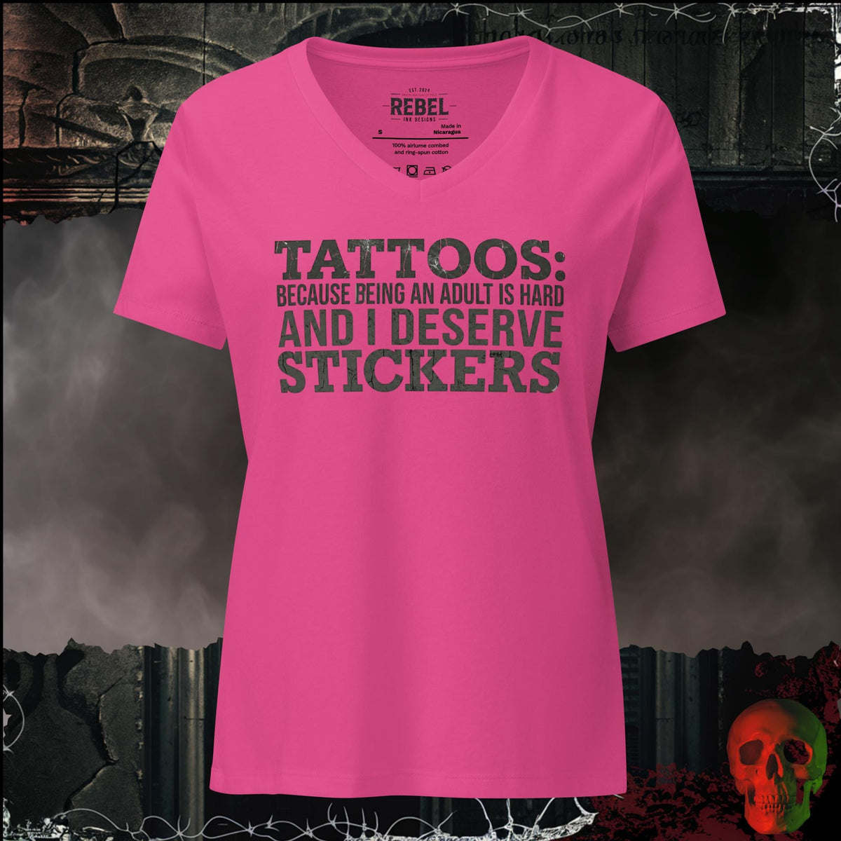 V-Neck Berry / S Tattoos Are Just Stickers V-Neck Tee | Rebel Ink Designs