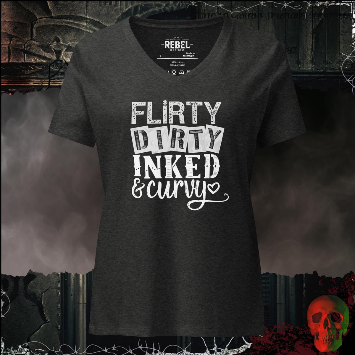 V-Neck Dark Grey Heather / S Flirty, Dirty, Inked & Curvy Women's V-Neck Tee | Rebel Ink Designs