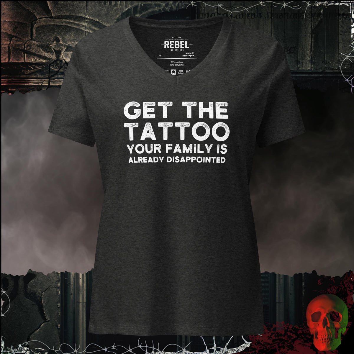 V-Neck Dark Grey Heather / S Get the Tattoo Women's V-Neck Tee | Rebel Ink Designs