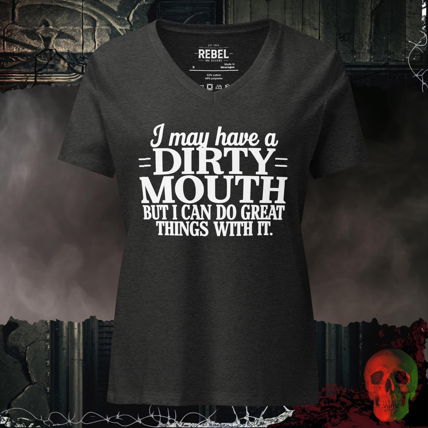 V-Neck Dark Grey Heather / S I May Have a Dirty Mouth V-Neck Bold Funny Graphic Tee