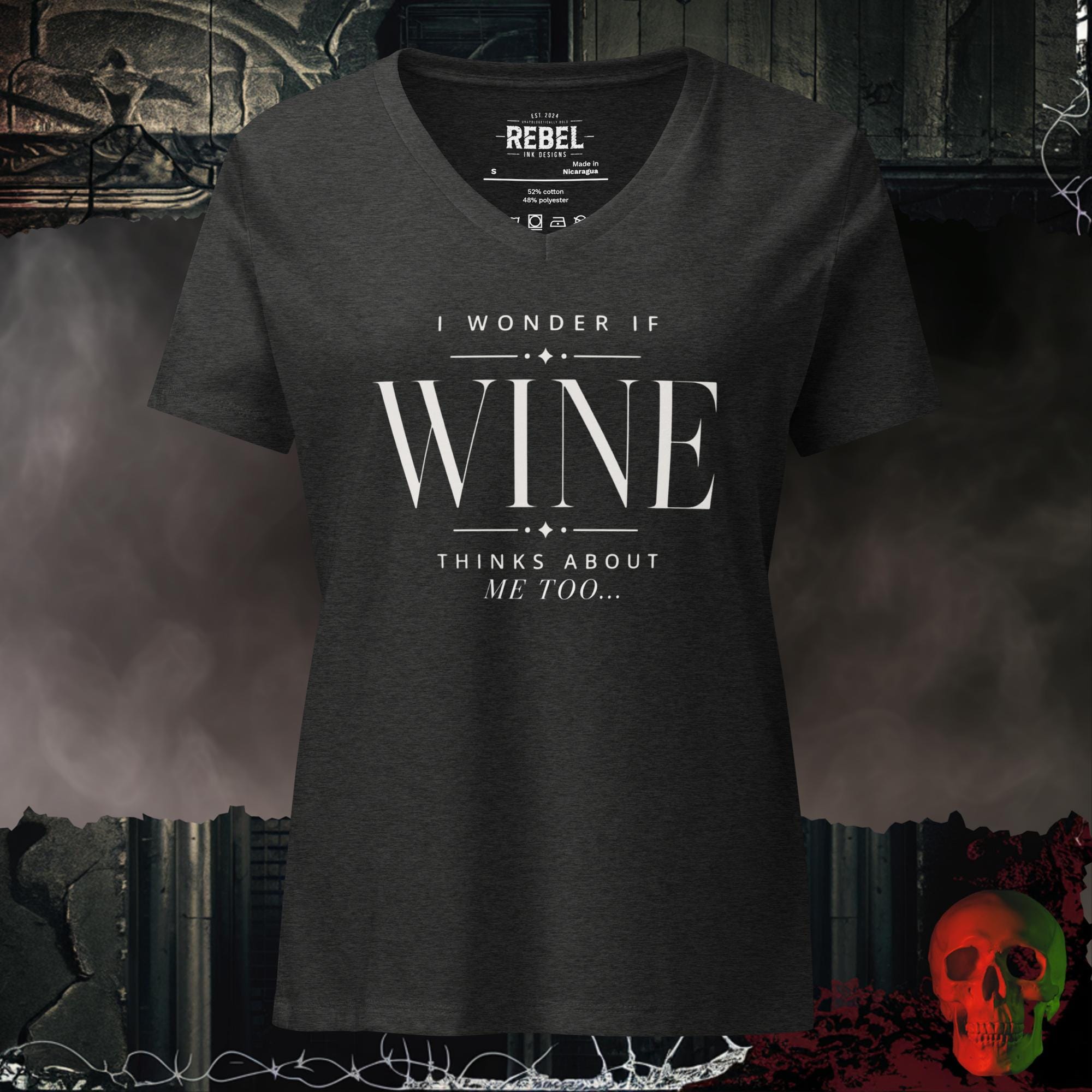 V-Neck Dark Grey Heather / S I Wonder If Wine Thinks About Me Too Women's V-Neck Tee | Rebel Ink Designs