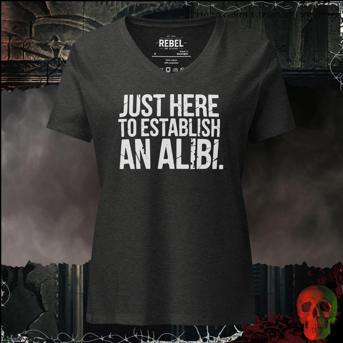V-Neck Dark Grey Heather / S Just Here to Establish an Alibi Women's V-Neck Tee | Rebel Ink Designs