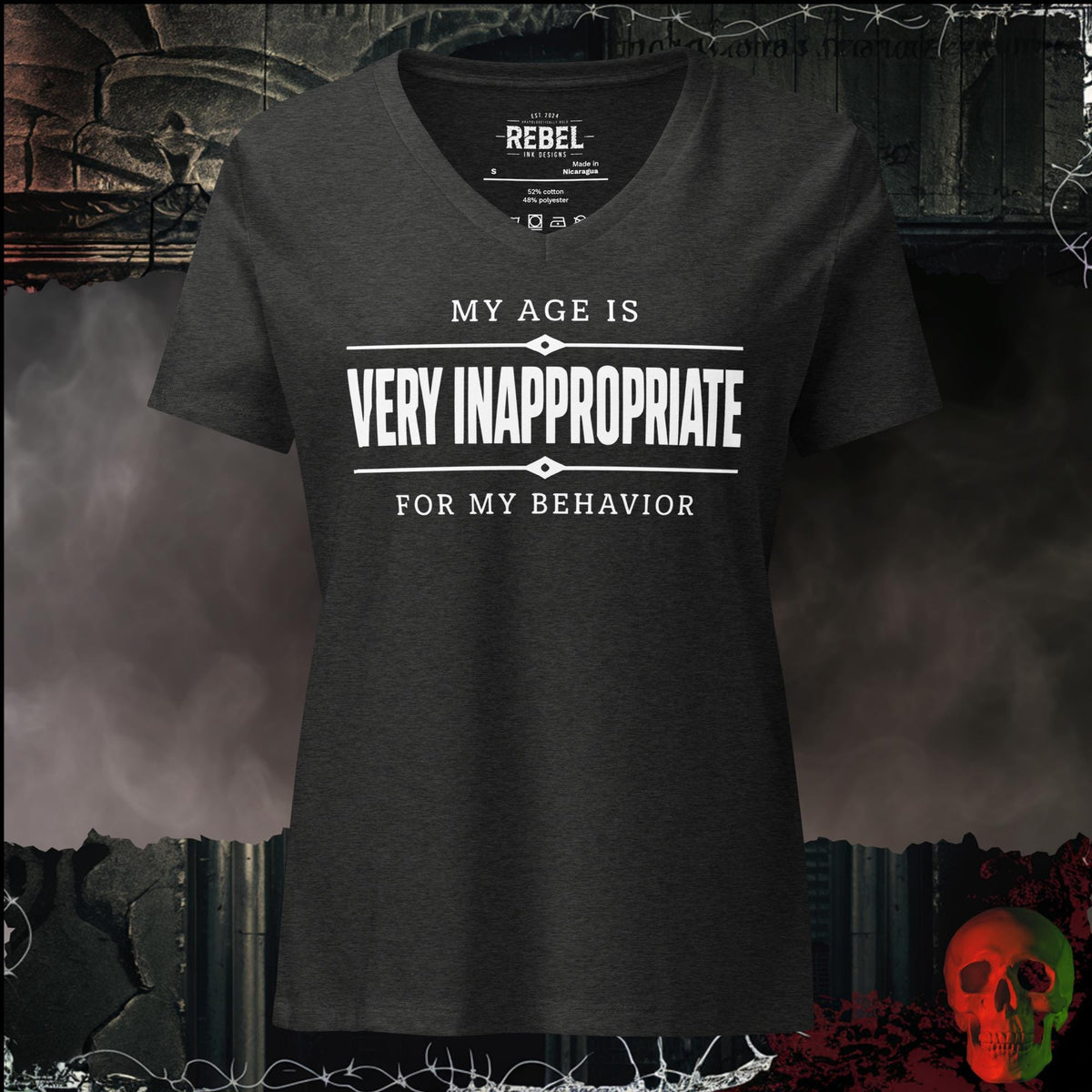 V-Neck Dark Grey Heather / S My Age Is Very Inappropriate for My Behavior Women's V-Neck Tee | Rebel Ink Designs