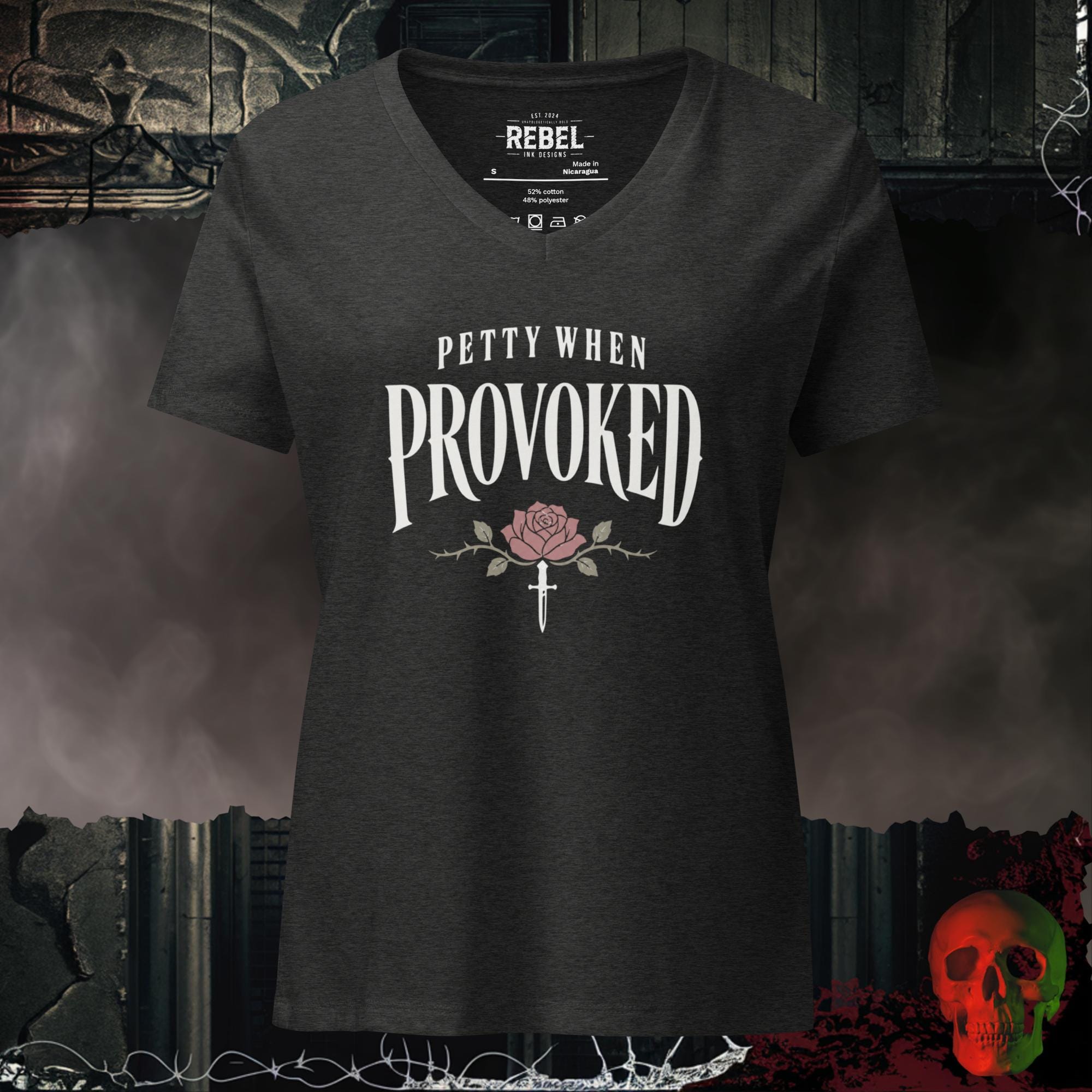 V-Neck Dark Grey Heather / S Petty When Provoked Women's V-Neck Tee | Rebel Ink Designs