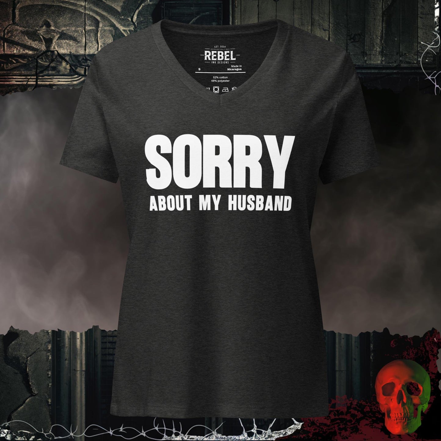 V-Neck Dark Grey Heather / S Sorry About My Husband V Neck Graphic Tee Funny Statement Shirt