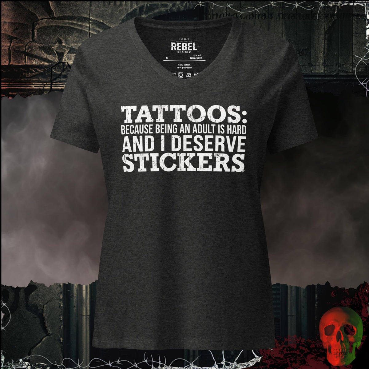 V-Neck Dark Grey Heather / S Tattoos Are Just Stickers V-Neck Tee | Rebel Ink Designs