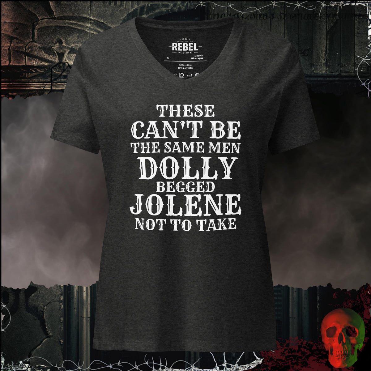 V-Neck Dark Grey Heather / S These Can't Be the Same Men Dolly Begged Jolene Not to Take Women's V-Neck Tee | Rebel Ink Designs