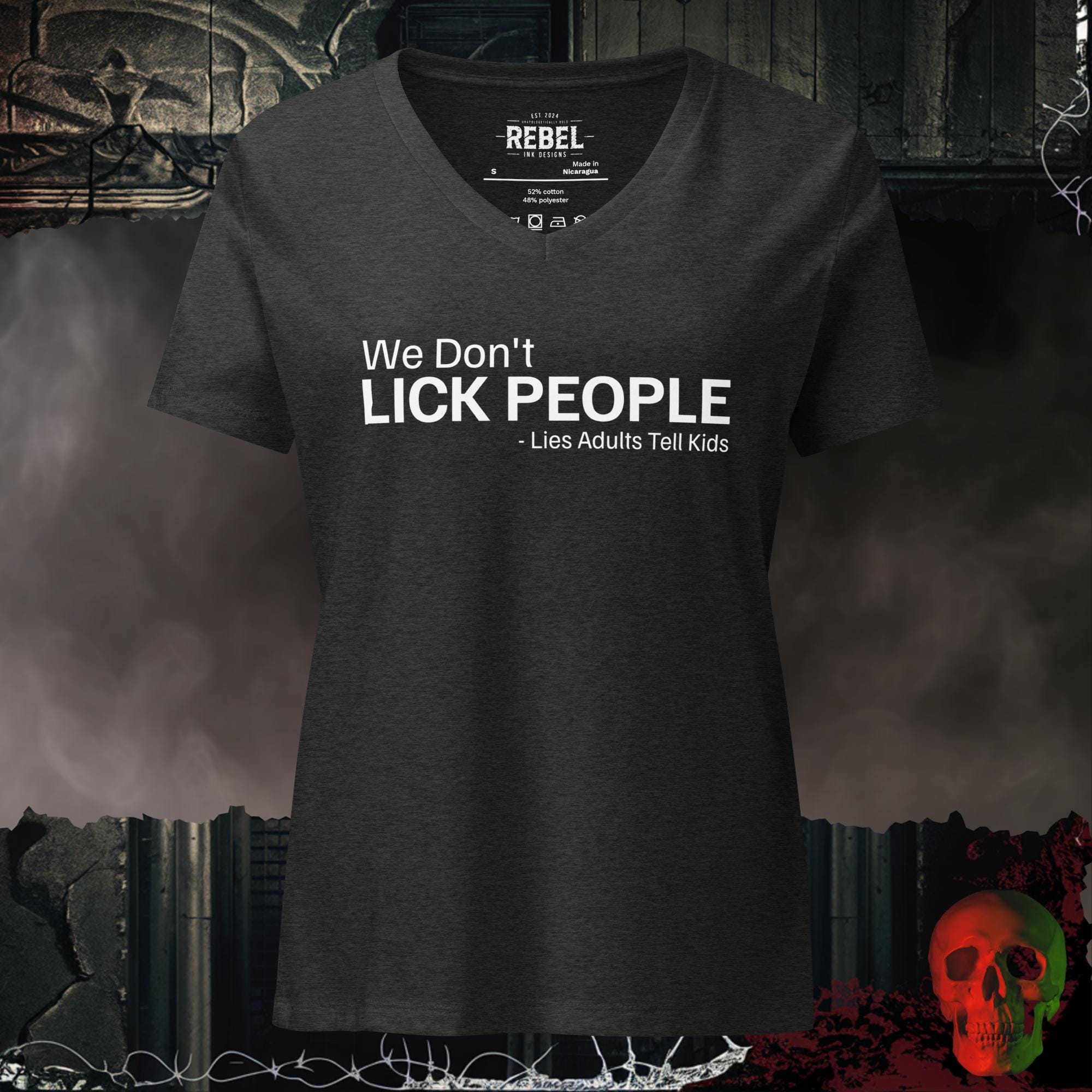 V-Neck Dark Grey Heather / S We Don't Lick People V-Neck Tee | Rebel Ink Designs