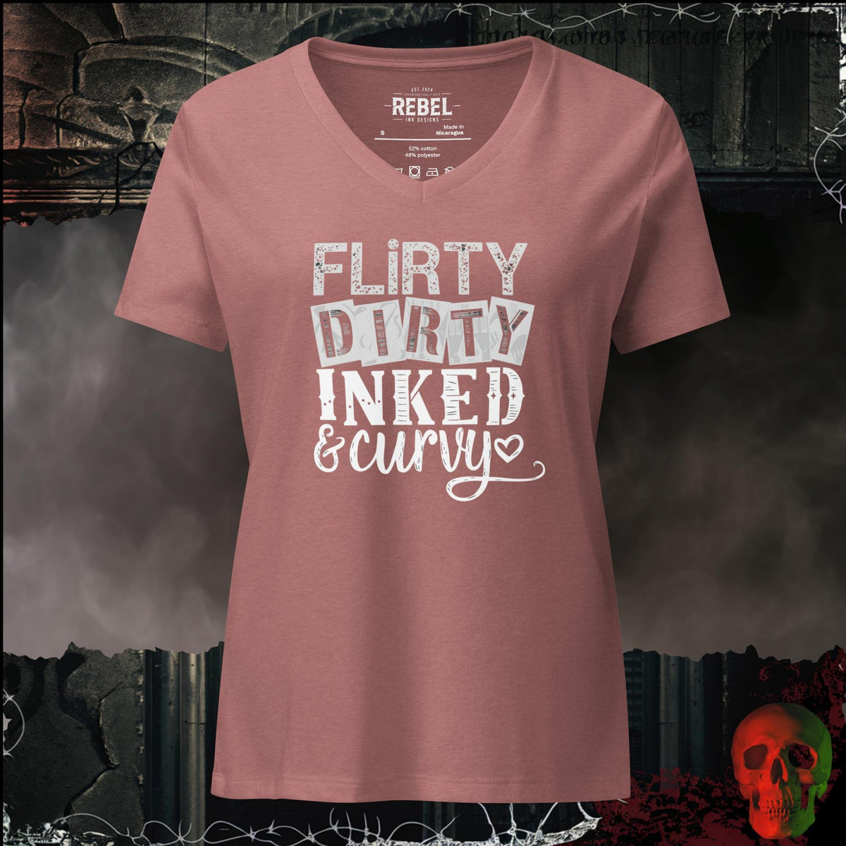 V-Neck Heather Mauve / S Flirty, Dirty, Inked & Curvy Women's V-Neck Tee | Rebel Ink Designs