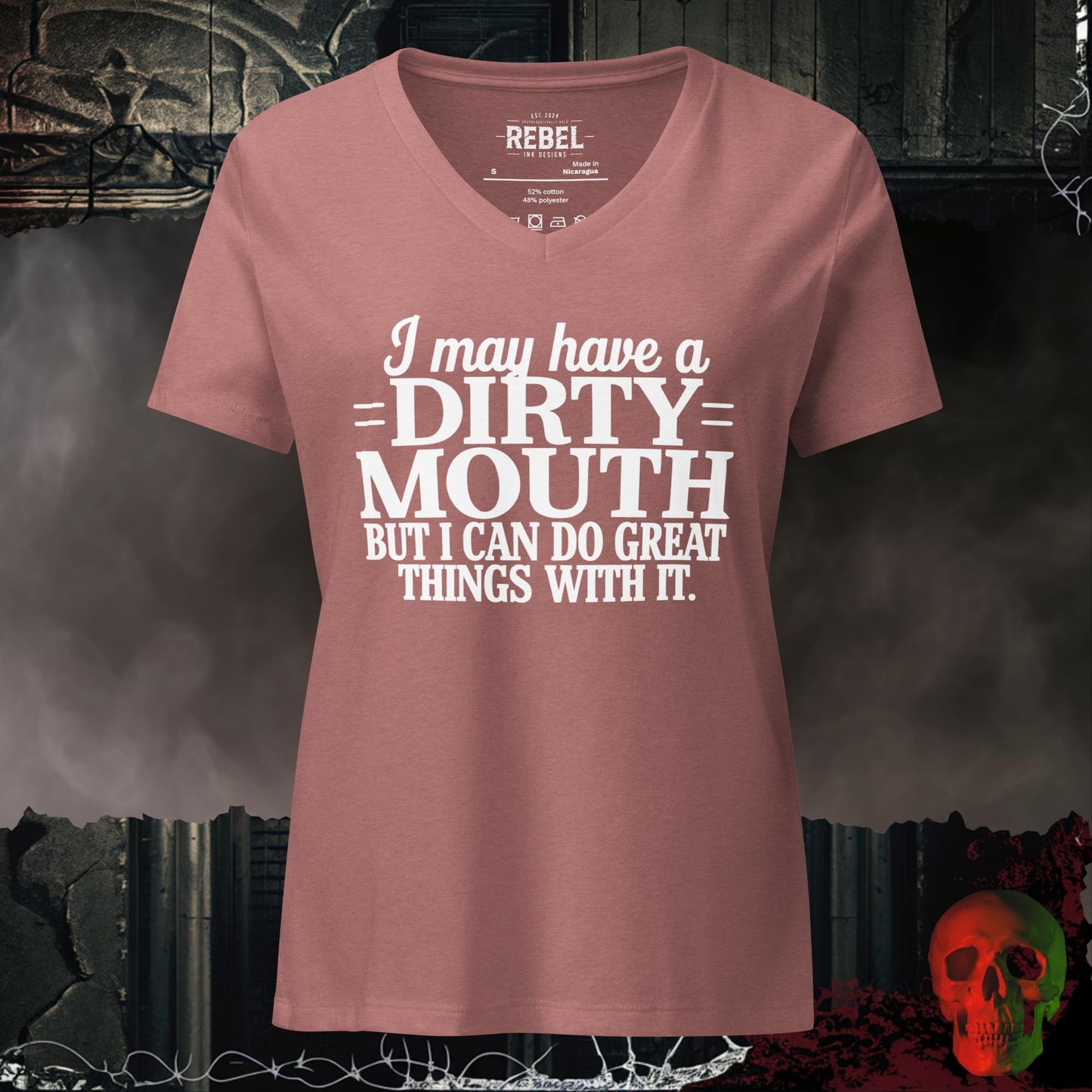 V-Neck Heather Mauve / S I May Have a Dirty Mouth V-Neck Bold Funny Graphic Tee