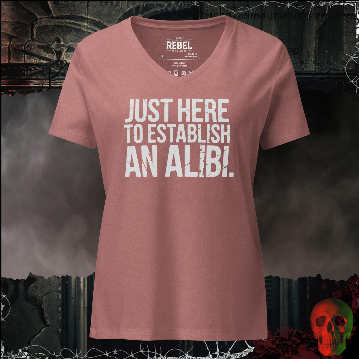 V-Neck Heather Mauve / S Just Here to Establish an Alibi Women's V-Neck Tee | Rebel Ink Designs