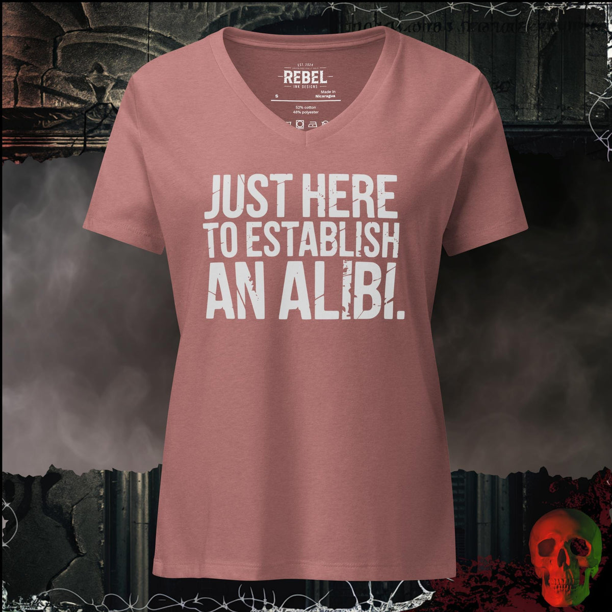V-Neck Heather Mauve / S Just Here to Establish an Alibi Women's V-Neck Tee | Rebel Ink Designs