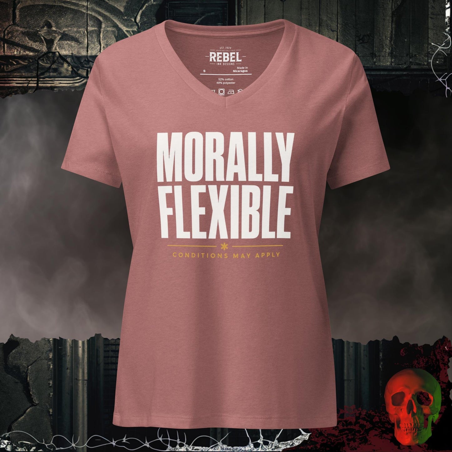 V-Neck Heather Mauve / S Morally Flexible V-Neck Bold Funny Statement Tee