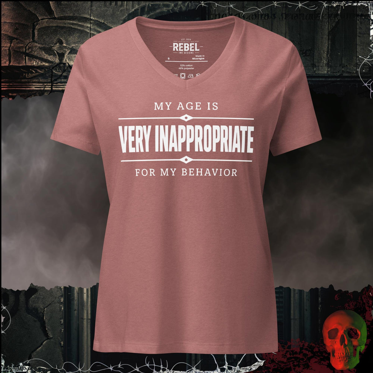 V-Neck Heather Mauve / S My Age Is Very Inappropriate for My Behavior Women's V-Neck Tee | Rebel Ink Designs