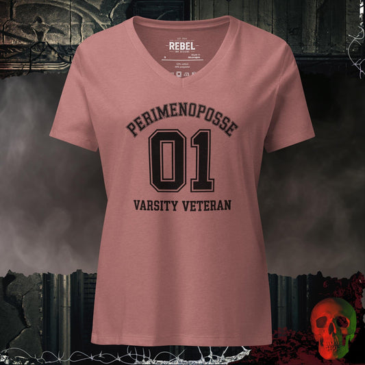 V-Neck Heather Mauve / S Perimenoposse Varsity Veteran Relaxed Fit V-Neck