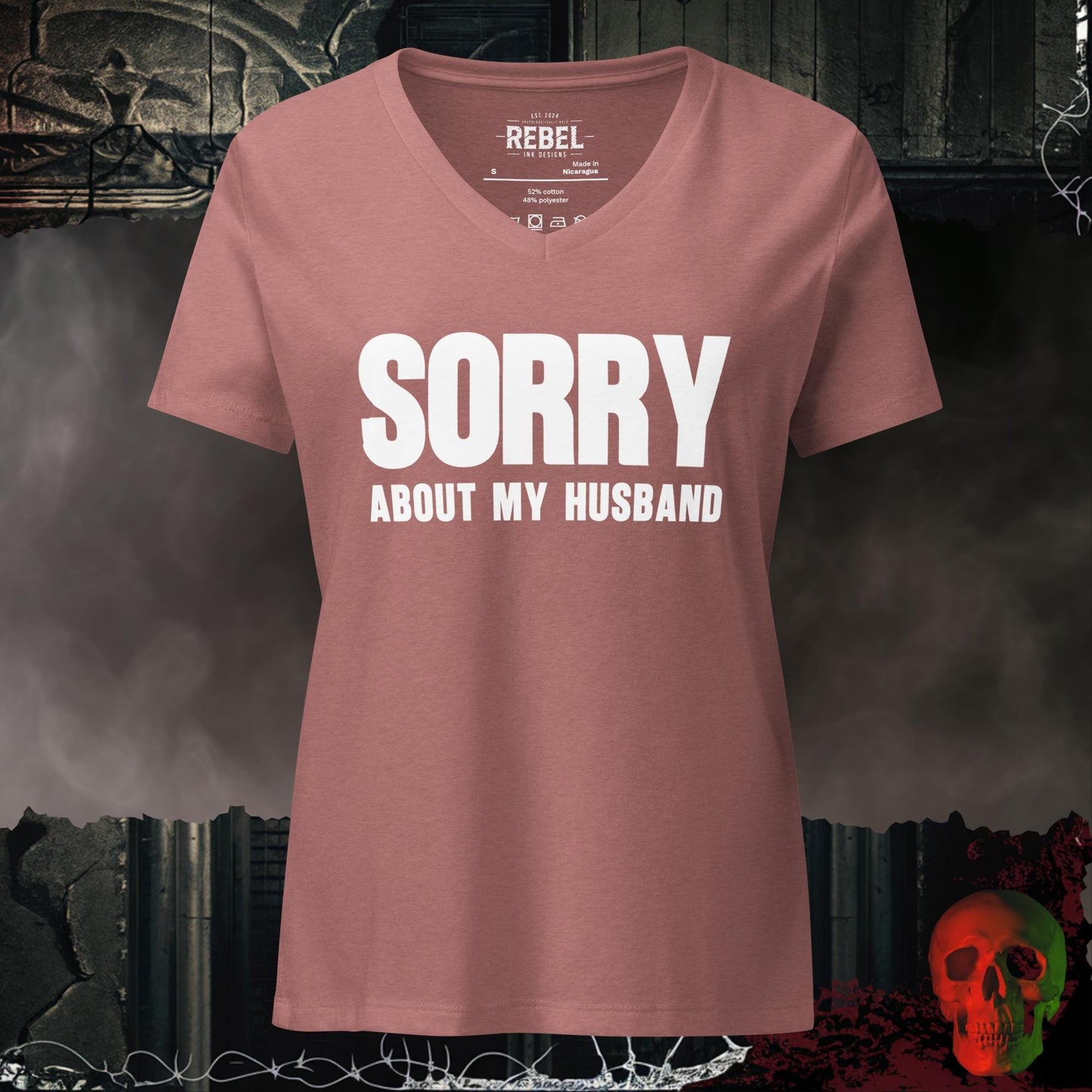 V-Neck Heather Mauve / S Sorry About My Husband V Neck Graphic Tee Funny Statement Shirt