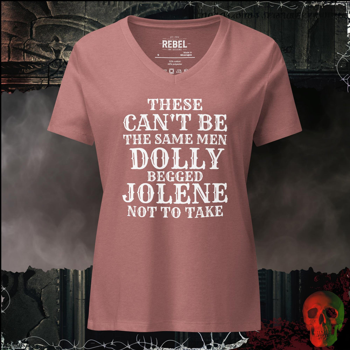 V-Neck Heather Mauve / S These Can't Be the Same Men Dolly Begged Jolene Not to Take Women's V-Neck Tee | Rebel Ink Designs