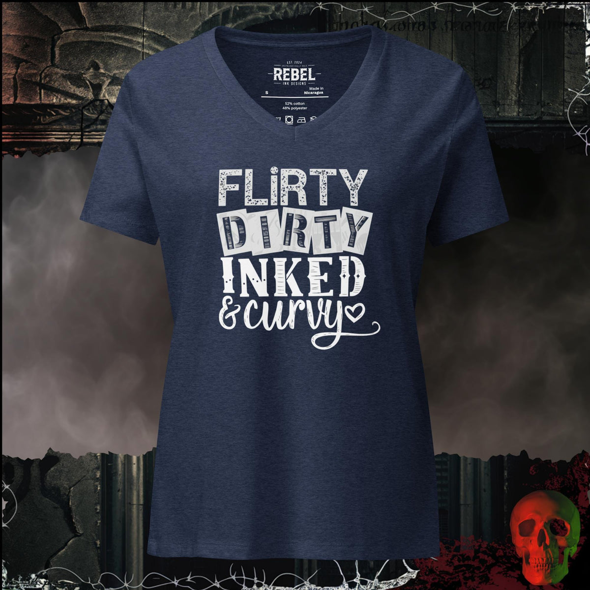 V-Neck Heather Navy / S Flirty, Dirty, Inked & Curvy Women's V-Neck Tee | Rebel Ink Designs
