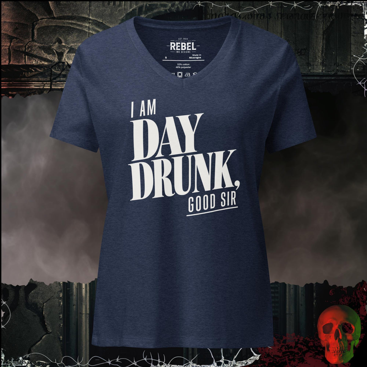 V-Neck Heather Navy / S I Am Day Drunk, Good Sir Women's V-Neck Tee | Rebel Ink Designs