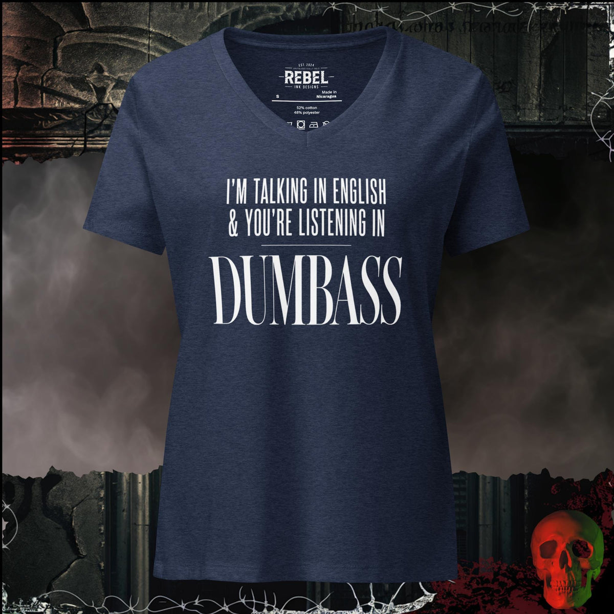 V-Neck Heather Navy / S I'm Talking In English & You're Listening In Dumbass Women's V-Neck Tee | Rebel Ink Designs