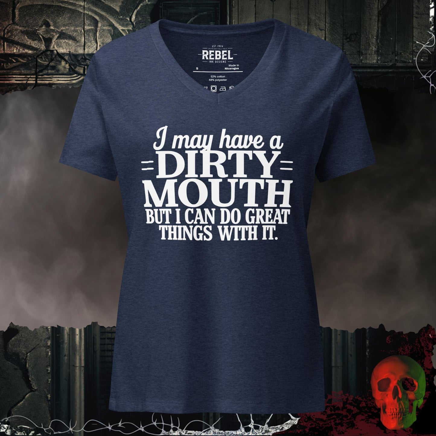 V-Neck Heather Navy / S I May Have a Dirty Mouth V-Neck Bold Funny Graphic Tee