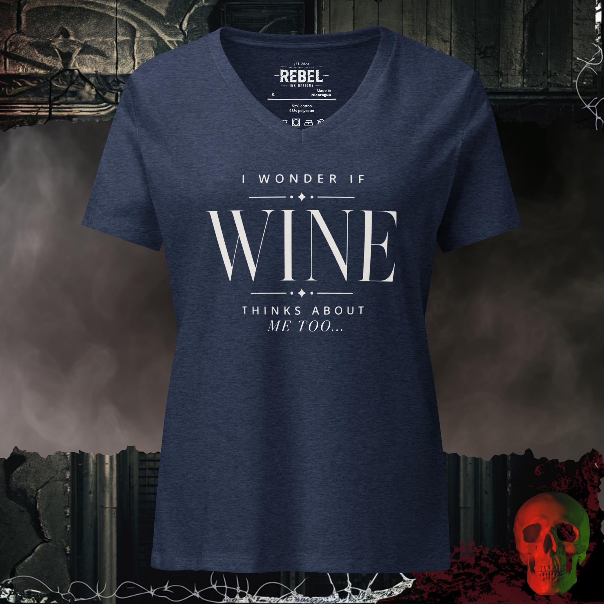 V-Neck Heather Navy / S I Wonder If Wine Thinks About Me Too Women's V-Neck Tee | Rebel Ink Designs