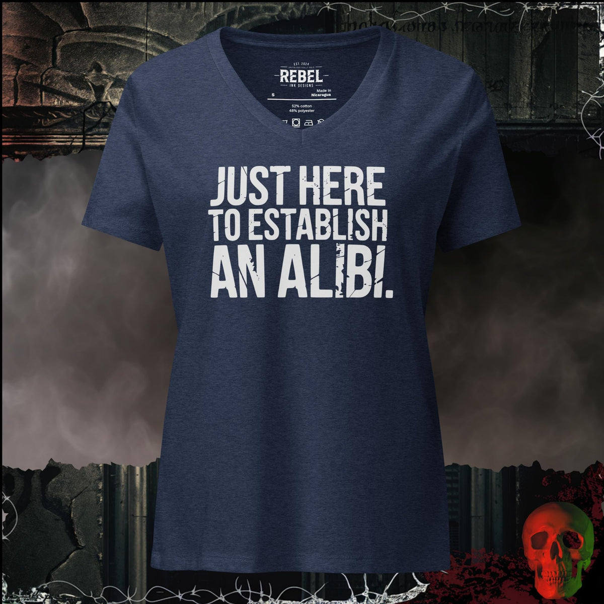 V-Neck Heather Navy / S Just Here to Establish an Alibi Women's V-Neck Tee | Rebel Ink Designs